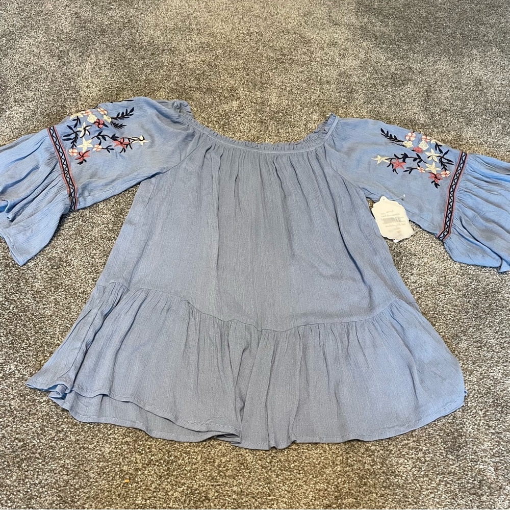 NWT Altar’d State Blue Embroidered Boho Ruffle Off Shoulder Top Western Rodeo ML